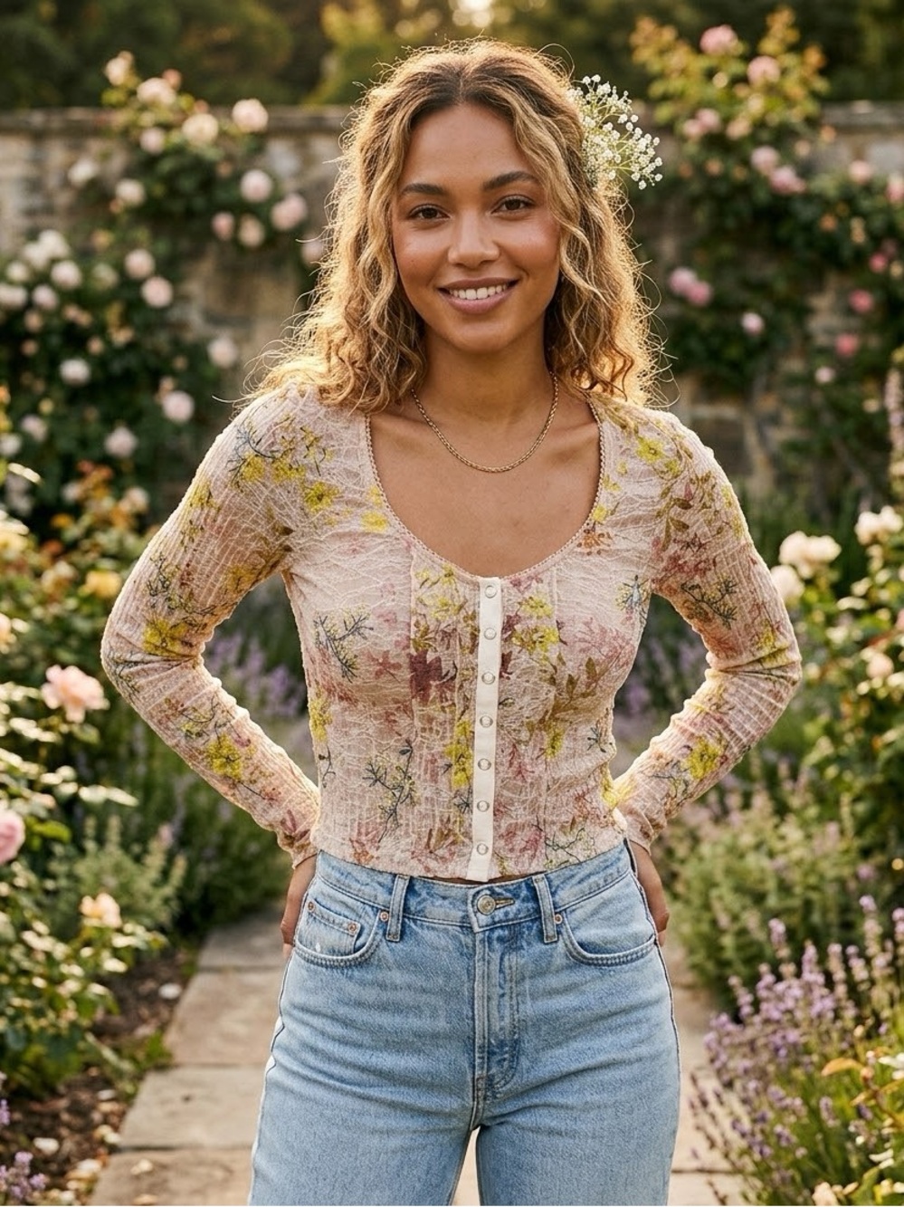 We The Free Free People Floral Button-Front Ribbed Long Sleeve Crop Top XS